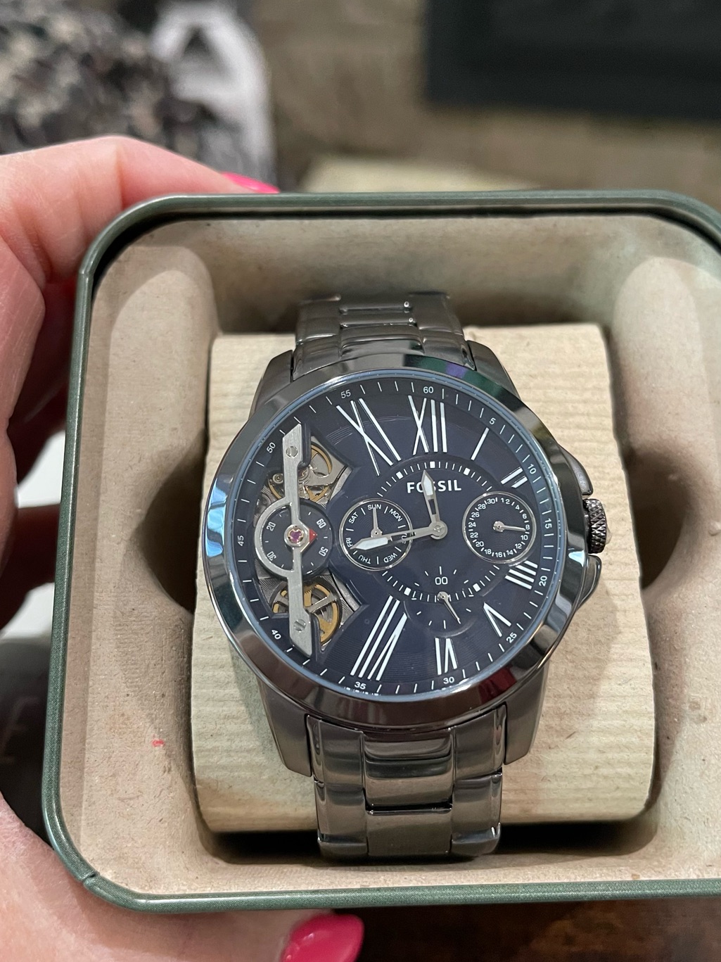 Fossil Mens Watch With Blue Dial And Gray Steel Bracelet